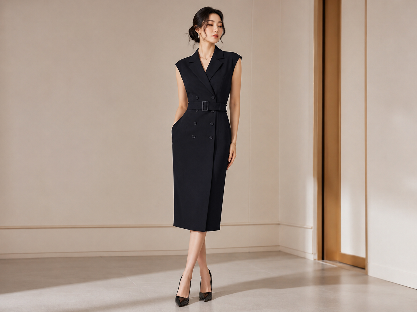 Đầm cổ vest kèm belt